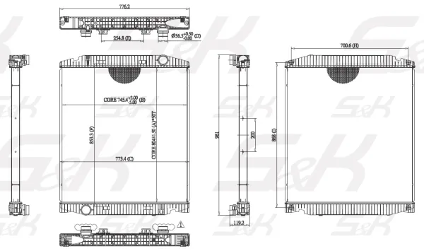 Радиатор охлаждения двигателя S&K GMBH 740 × 800 × 48 мм без рамки для Iveco
