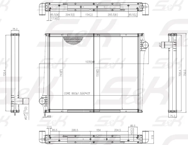 Радиатор охлаждения двигателя S&K GMBH 860x679x50 без рамки для Scania