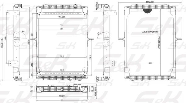 Радиатор охлаждения двигателя S&K GMBH 690x990x48 мм без рамки