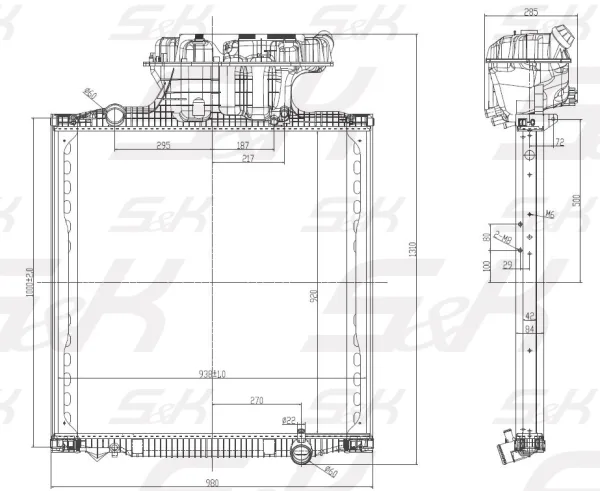 Радиатор системы охлаждения S&K GMBH 919 × 938 × 52 мм без рамки для MAN