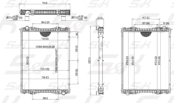 Радиатор охлаждения двигателя S&K GMBH 860x689x40 мм с рамкой