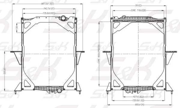 Радиатор охлаждения двигателя S&K GMBH 900x697x48 с рамкой для Volvo