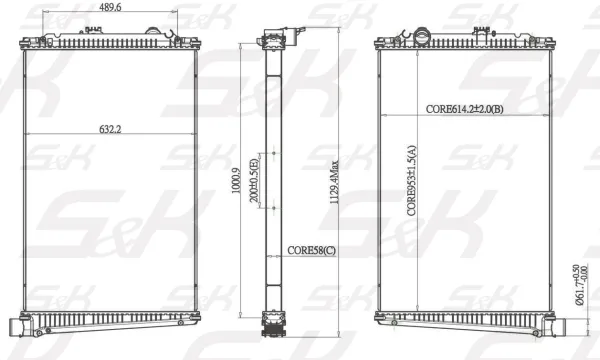 Радиатор охлаждения двигателя DAF 950x610x58 мм с рамкой S&K GMBH