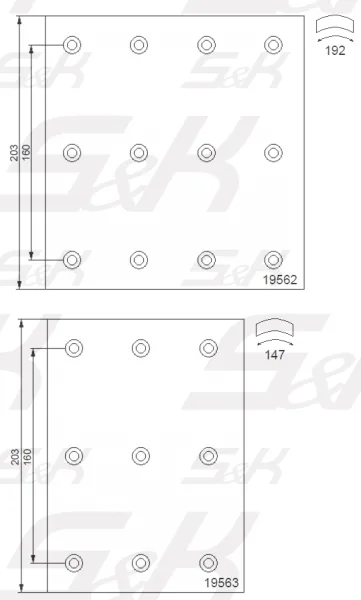 Накладки тормозные S&K GMBH SK1956200-01 WVA 19562/19563, 394×203 мм, с заклёпками