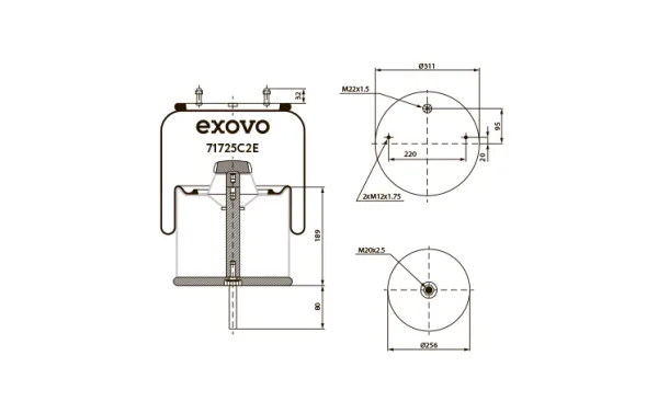 Пневмоамортизатор кабины EXOVO 71725C2E, упругий элемент подвески грузовика BPW