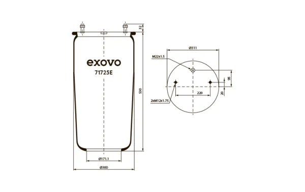 Пневмоамортизатор кабины EXOVO 71725E для техники BPW, Ø311 мм, резьба M22x1.5