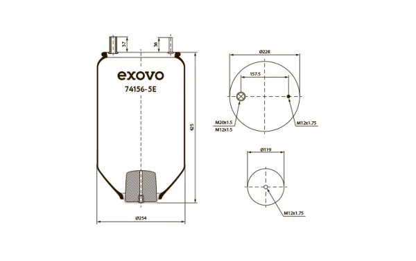 Пневмоамортизатор кабины EXOVO 74156-5E, высота 425 мм, для Fruehauf и прицепов