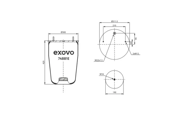 Пневмоамортизатор кабины BPW EXOVO 74881E, длина 420 мм, верх 2×M12, низ M16