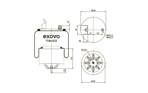 Пневмоамортизатор кабины EXOVO 77803CE — пневмоподушка опоры кабины Volvo FH, FM, FMX, FL