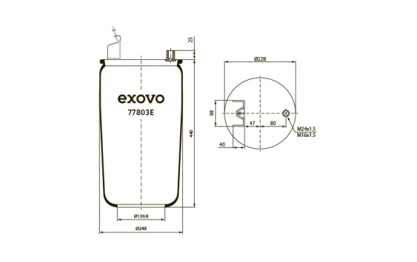 Пневмоамортизатор кабины Volvo EXOVO 77803E без стакана, высота 440 мм, Ø248 мм