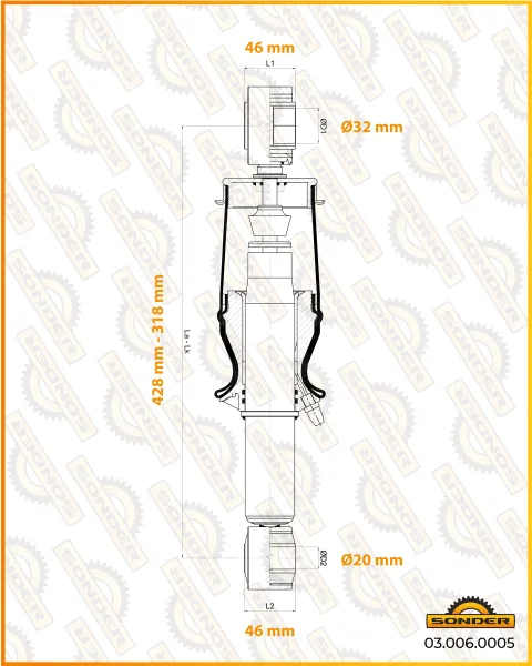 Передний амортизатор кабины Iveco Sonder 03.006.0005, 318–428 мм