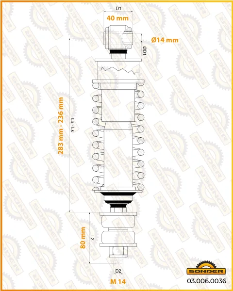 Амортизатор кабины DAF Sonder 03.006.0036, 236–283 мм, проушина / проушина