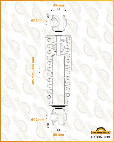 Амортизатор кабины задний Sonder 03.006.0100 для MAN и DAF, 255-345 мм