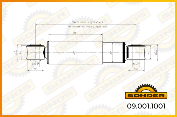 Амортизатор подвески задний BPW, Trailor 330-499 мм, проушины d24x55, Sonder 09.001.1001