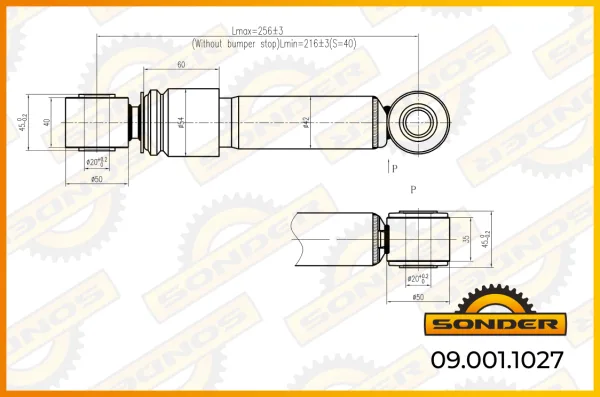 Амортизатор кабины задний горизонтальный Sonder 09.001.1027 Volvo FH, 233/264 мм
