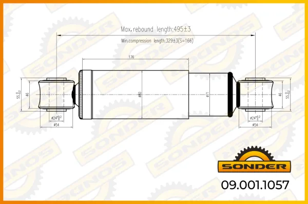 Амортизатор подвески задний BPW Sonder 09.001.1057 333/499 мм проушина d24×55
