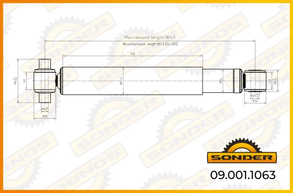 Амортизатор задней подвески Sonder 09.001.1063 481/781 мм, проушина/проушина, Volvo FH, FM