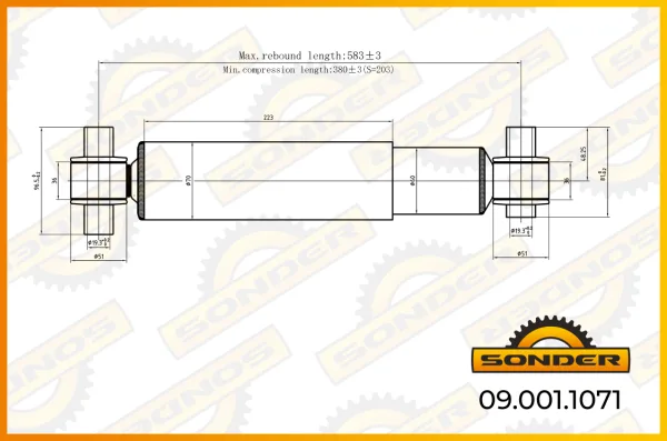 Амортизатор задней подвески Sonder 09.001.1071 O/O 377-588 мм, проушины d19x97/d19x82