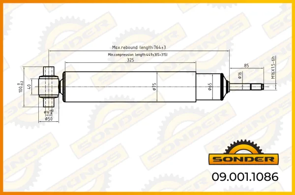 Амортизатор задней подвески Sonder 09.001.1086, 454-772 мм, O/I d16x100/d16x88, Volvo, Renault