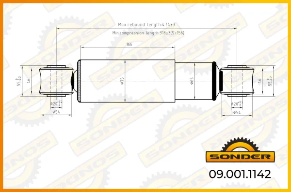 Амортизатор подвески задний Sonder 09.001.1142 Fruehauf, Renault, Volvo — 320/475 мм d20×55