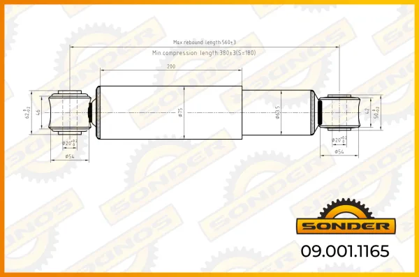 Амортизатор задней подвески DAF 376/565 мм проушина/проушина Sonder 09.001.1165