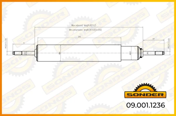 Амортизатор передней подвески MAN 350/600 мм, штырь/штырь d14×85, Sonder 09.001.1236