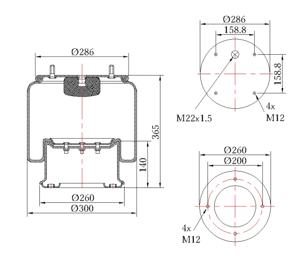 Пневморессора Sonder Premium 09.003.0068 в сборе, металлический стакан, 4 шпильки M12 + M22