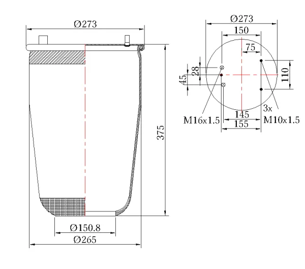 Пневморессора Sonder Premium без стакана 3 шпильки M10 + 2 отверстия M16 для DAF, Renault
