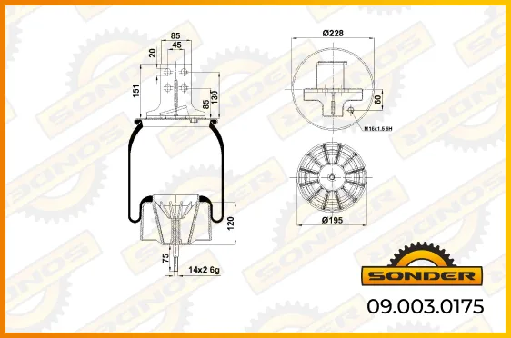 Пневморессора Sonder 09.003.0175 задняя правая Iveco Stralis, пластиковый стакан, 1 шпилька