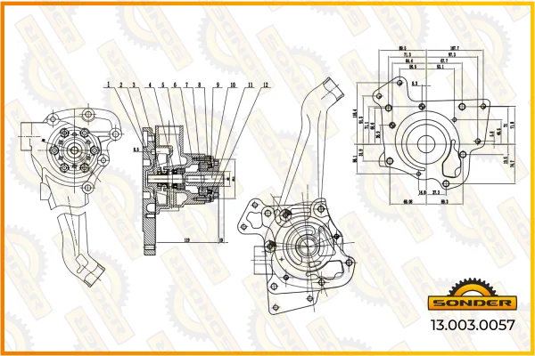 Насос водяной системы охлаждения Mercedes-Benz OM 366, Renault Sonder 13.003.0057