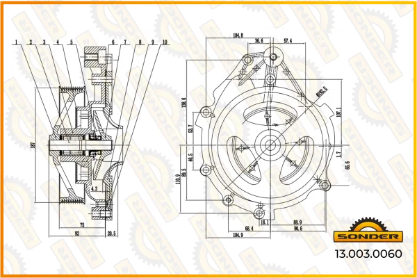 Насос водяной Sonder 13.003.0060 Premium Scania, Renault, с прокладкой, о.н. 2224045