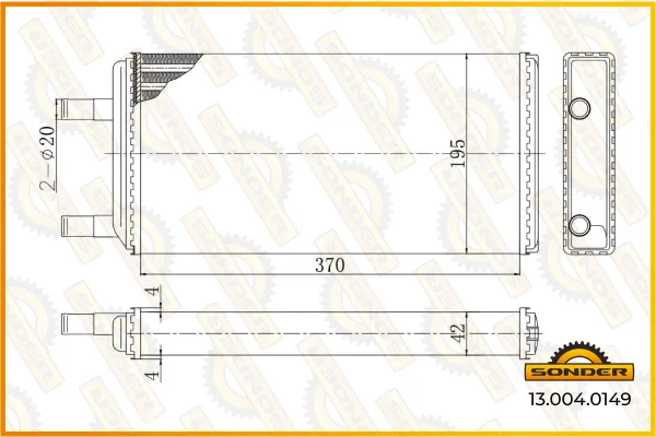 Радиатор отопителя Sonder 13.004.0149 для Mercedes-Benz и Volvo, 370×188×42 мм