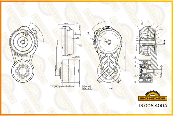 Натяжитель приводного ремня Renault, Volvo, 10 ручьёв, Sonder 13.006.4004