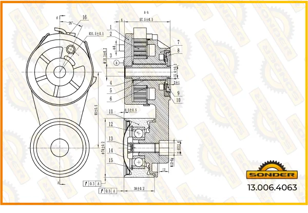Натяжитель приводного ремня Sonder 13.006.4063 для Volvo B12, B13, B7R, двигатели D11C330, D11K430