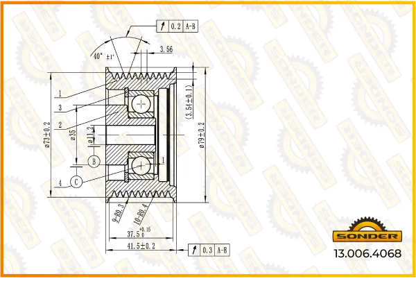 Натяжной ролик приводного ремня Scania C, K Series Sonder 13.006.4068, 10 ручьёв