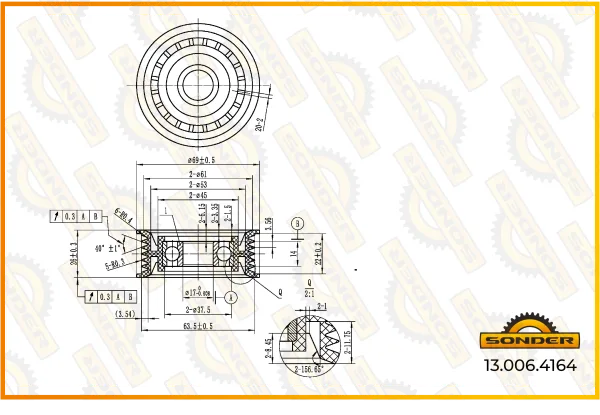 Натяжной ролик Sonder 13.006.4164, 6 ручьёв, внутренний диаметр 17 мм, Mercedes-Benz