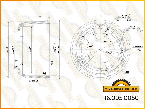 Барабан тормозной Sonder 16.005.0050 MAN Renault 410 мм