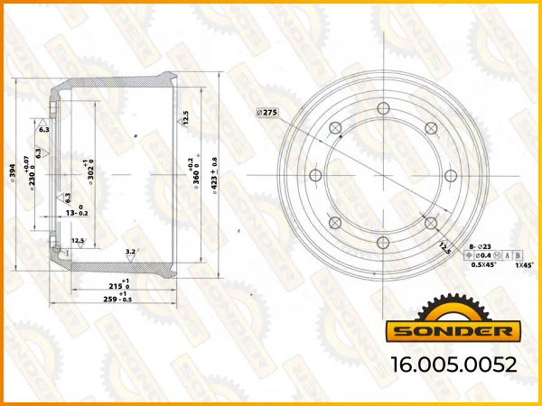Барабан тормозной Sonder 16.005.0052 BPW Renault, 360×200 мм