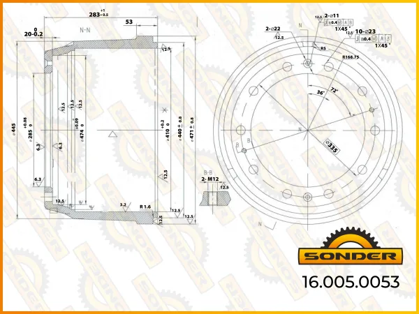 Барабан тормозной Sonder 16.005.0053 Iveco Renault 410×205×282 мм