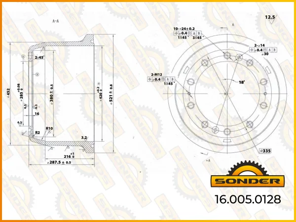 Барабан тормозной Sonder 16.005.0128, DAF и Renault, 420×216 мм