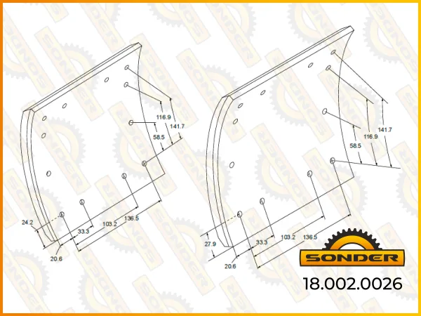 Накладки барабанного тормоза Sonder 419х178 мм WVA 19036, 1 ремонт