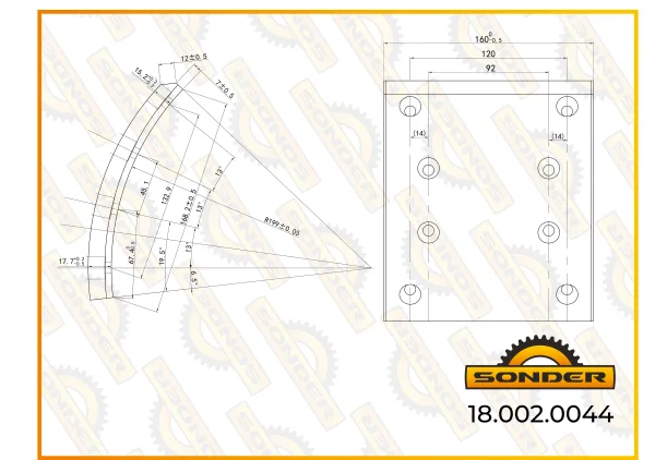Накладки тормозные барабанного тормоза Sonder 18.002.0044 WVA 19579, 163 мм, толщина 18,97 мм